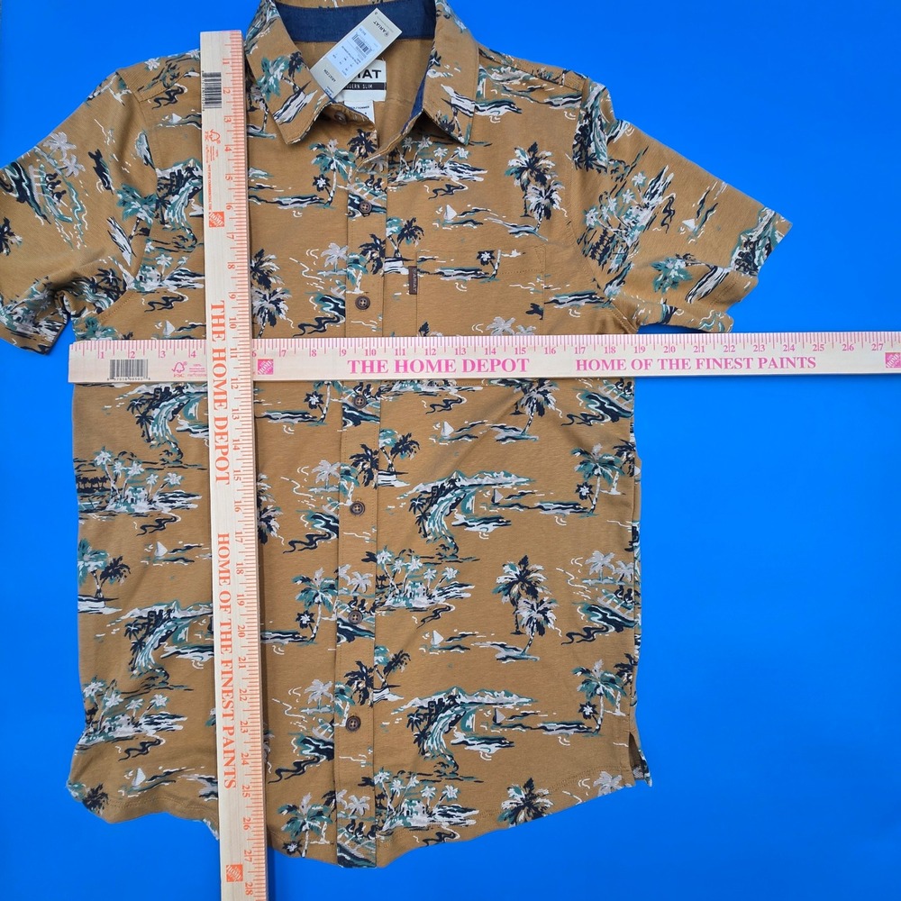 Ariat Mens Retro Button Down Shirt S Modern Slim SS Mocha Tropical Palm Tree NWT - Picture 3 of 11